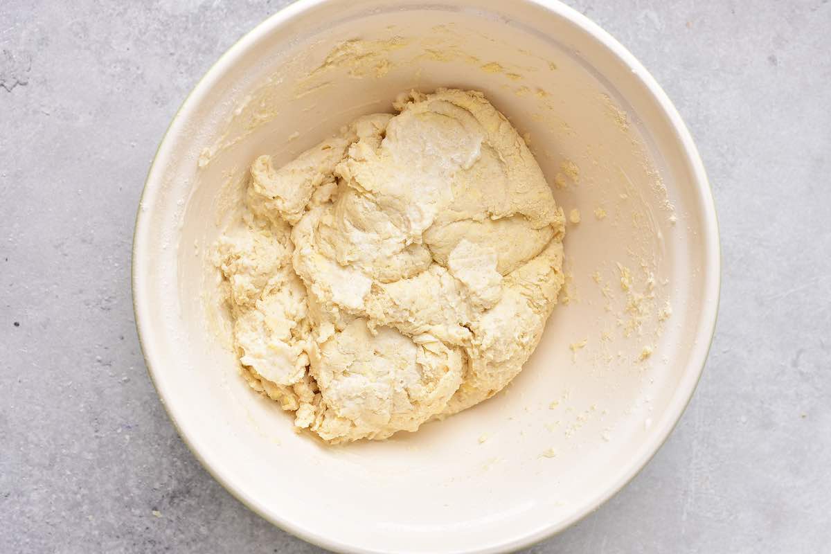 buttermilk added to flour and grated butter.