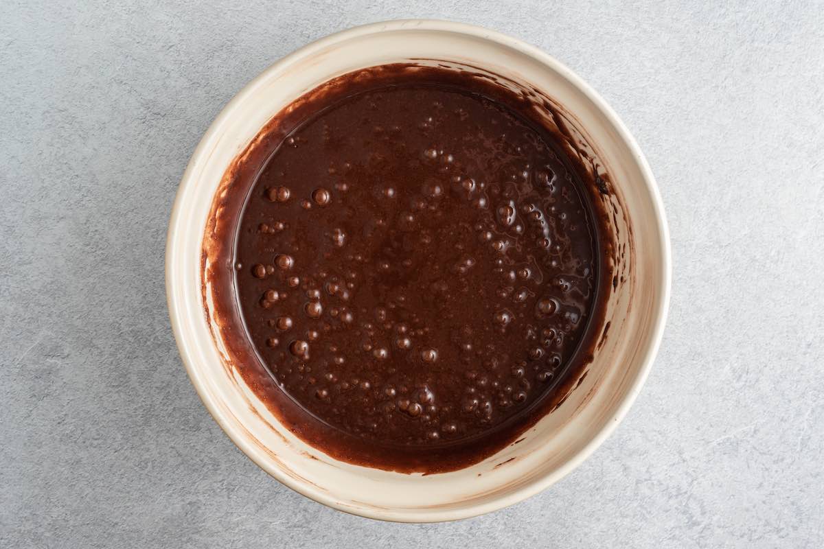 chocolate cake batter in a bowl.