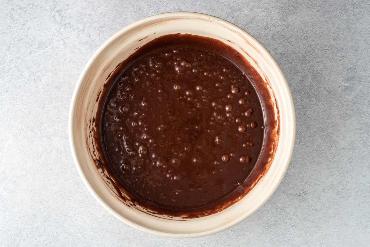 chocolate cake batter in a bowl.