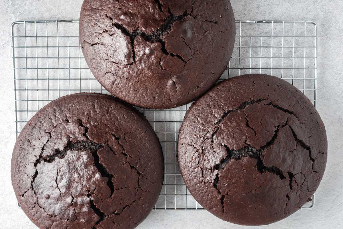 baked chocolate cakes on a cooling rack.