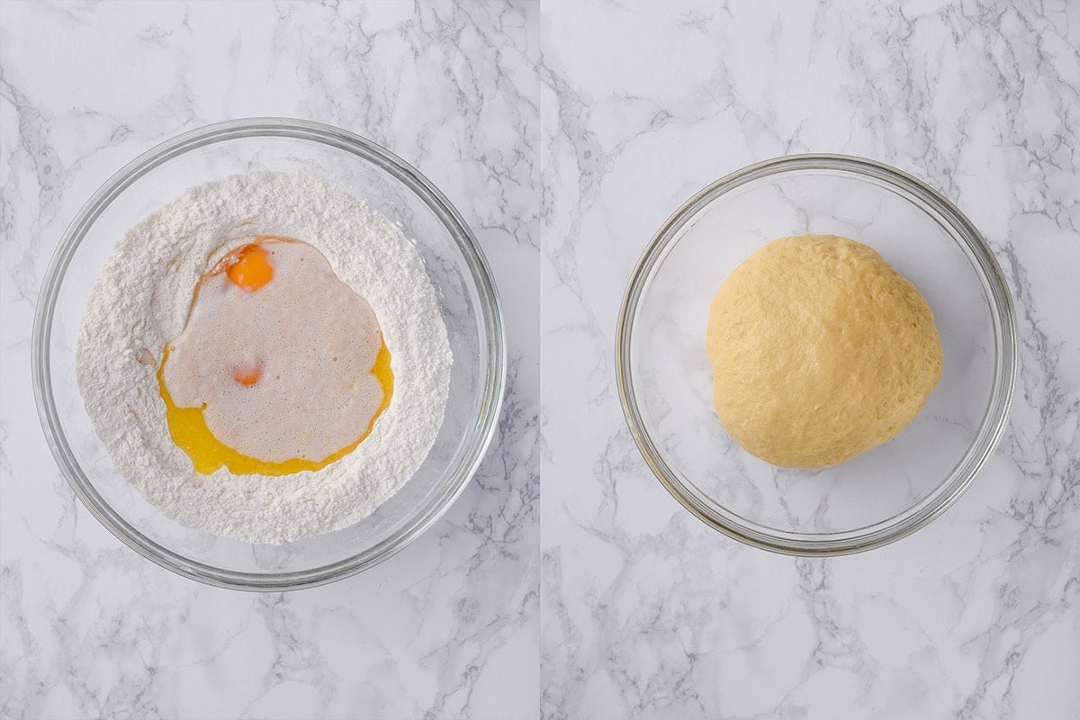flour, egg, and milk in a bowl.