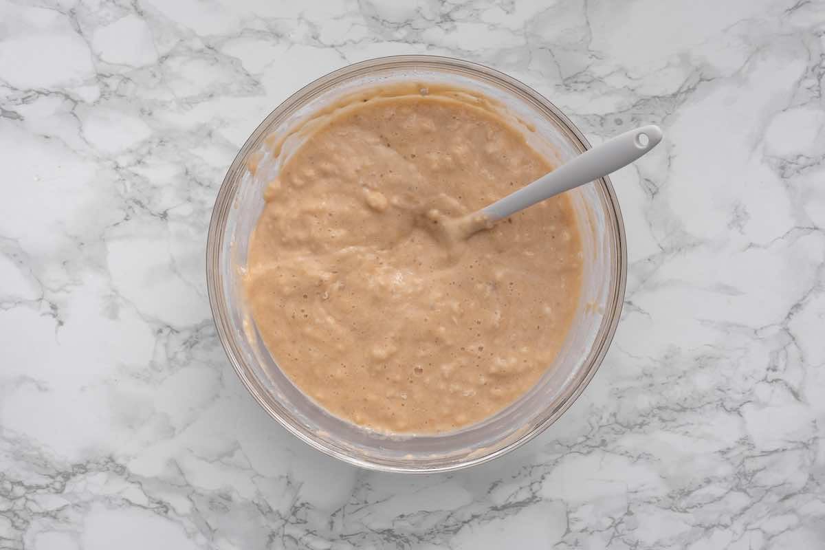 banana bread batter in a bowl.