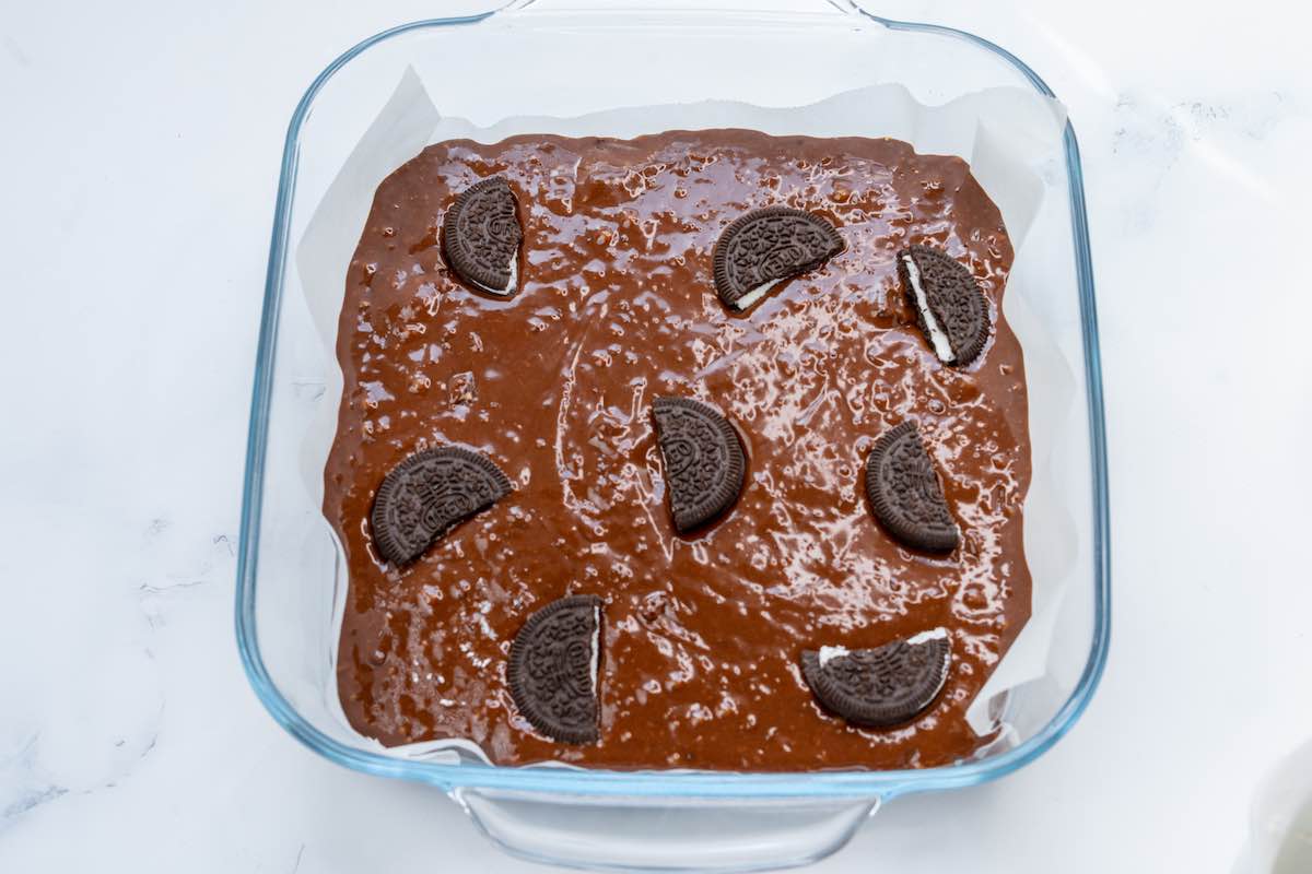 assembled brownies in pan.