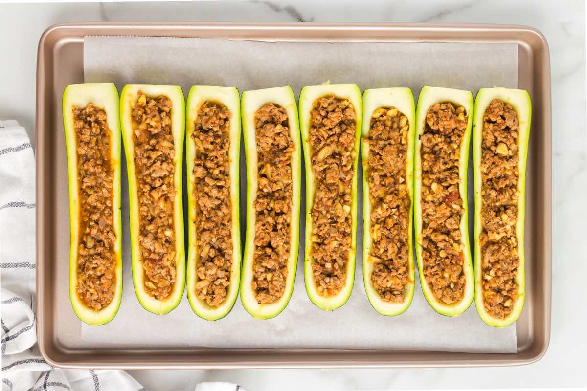 zucchini boats filled with ground turkey mixture.