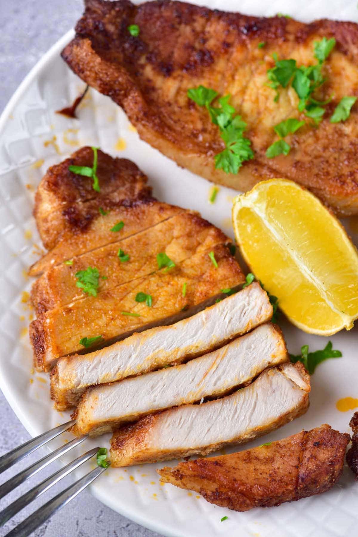 sliced sous vide pork chops.