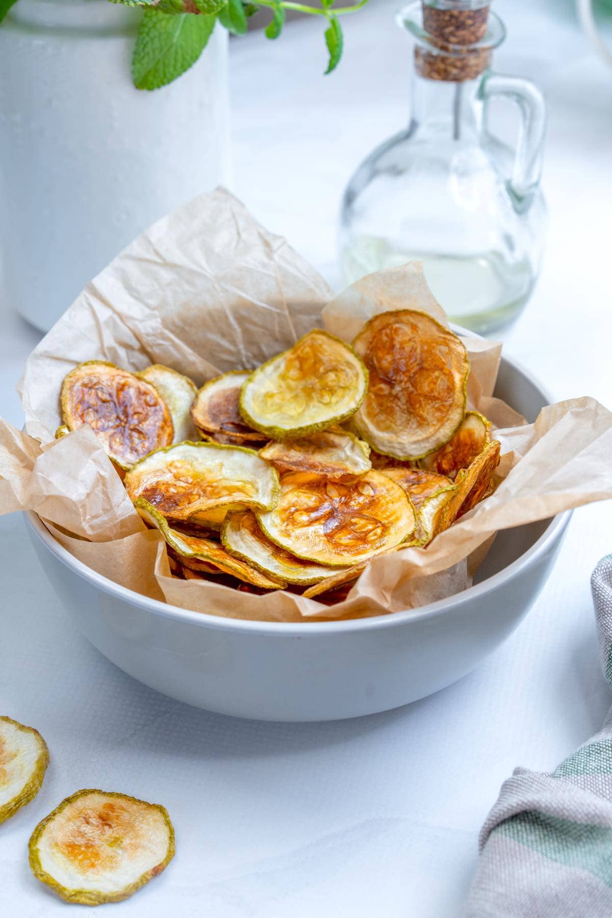 zucchini chips in a serving bowl.
