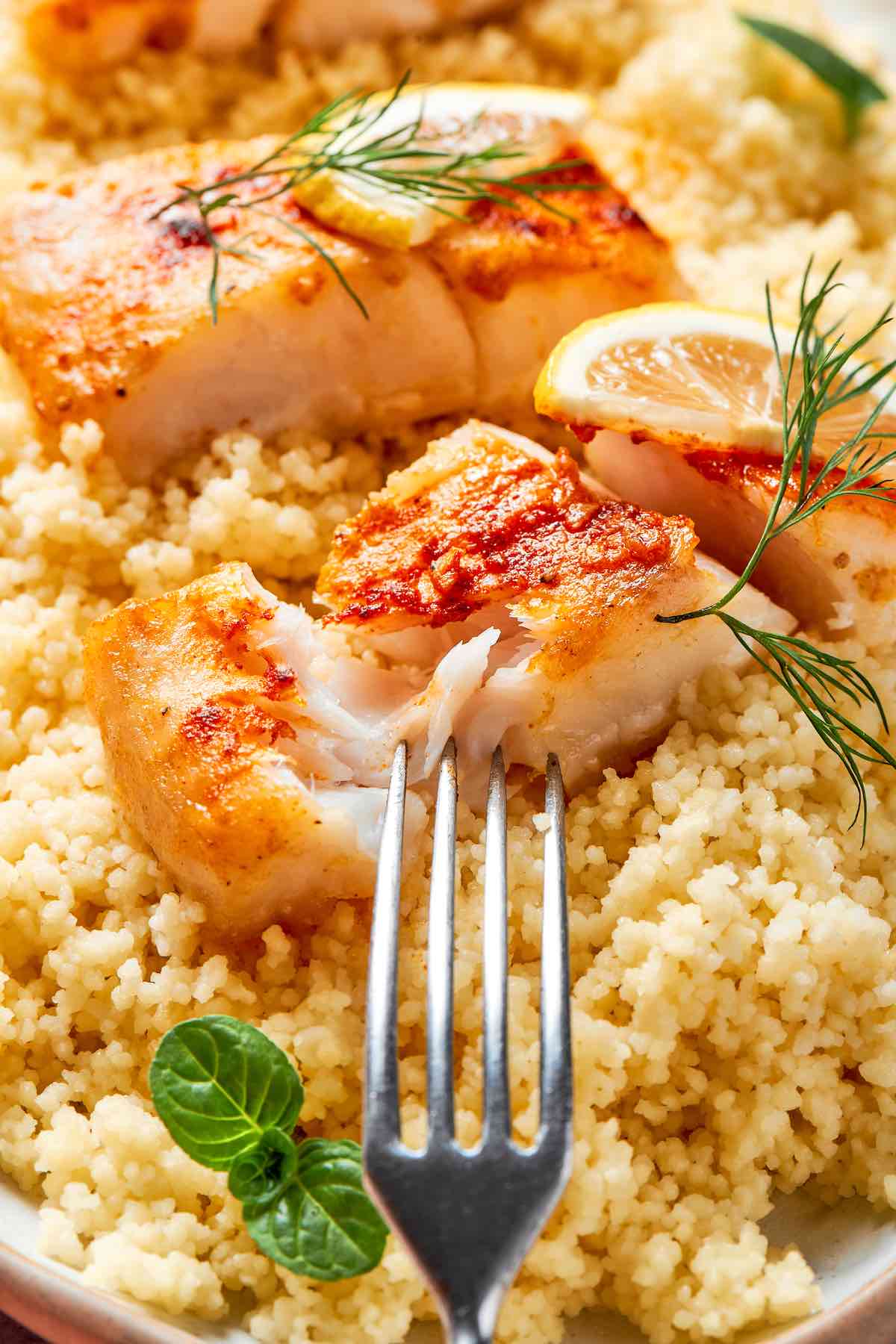 baked halibut fillets with couscous.