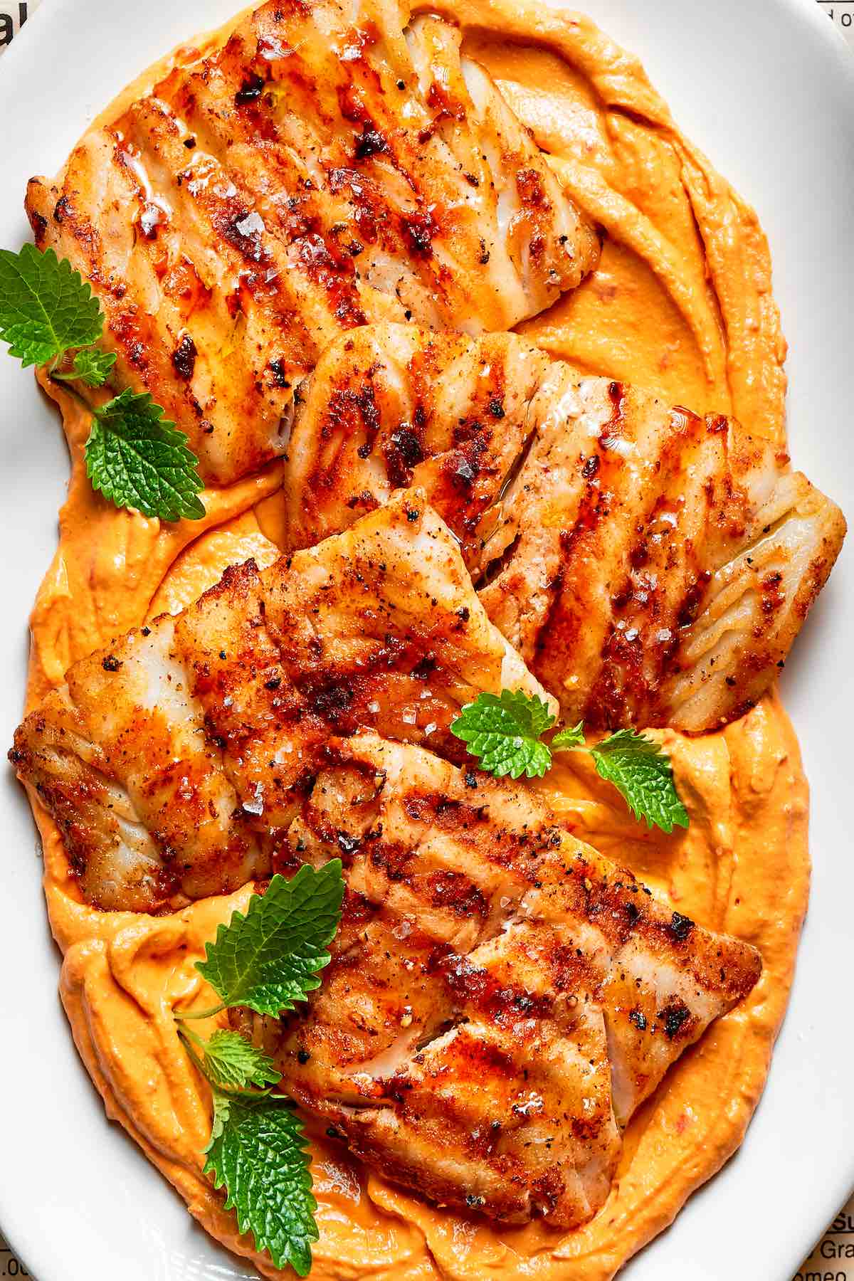 grilled cod over a bed of mashed sweet potato.