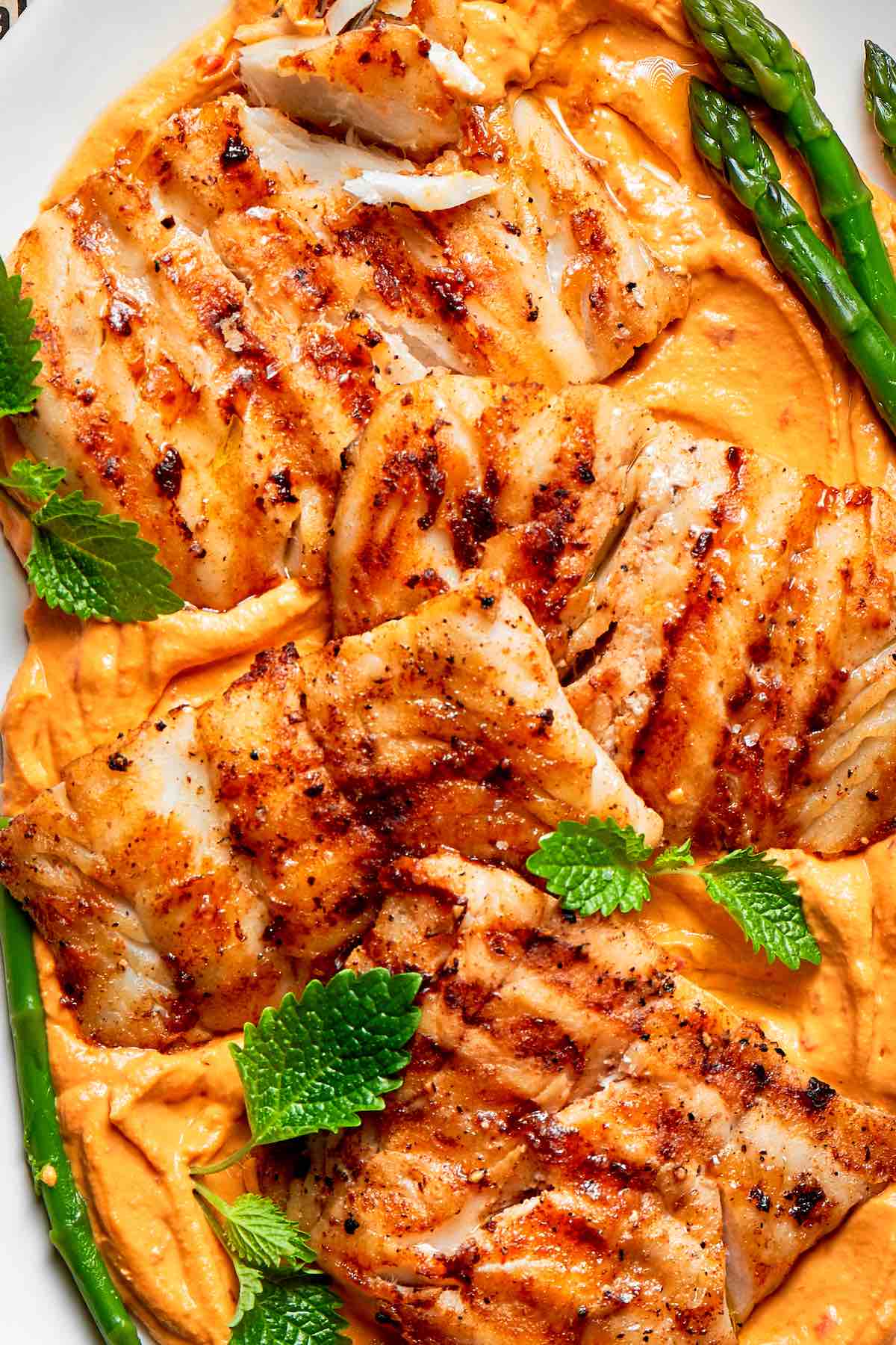 grilled cod with asparagus and sweet potato.