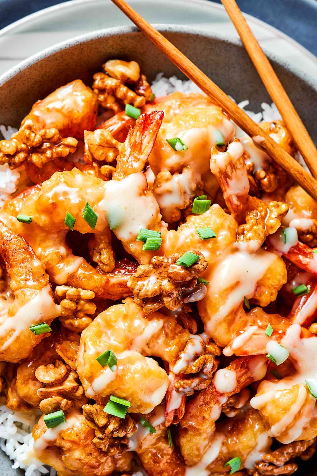 walnut shrimp with honey sauce on top.