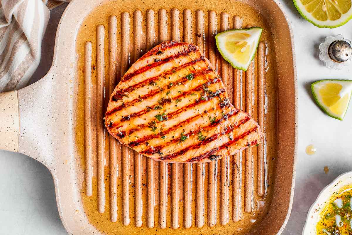 grilled tuna steak on a grill pan.