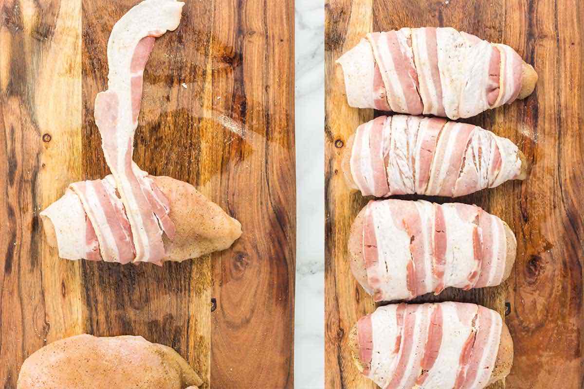 wrapping bacon around raw chicken breasts.