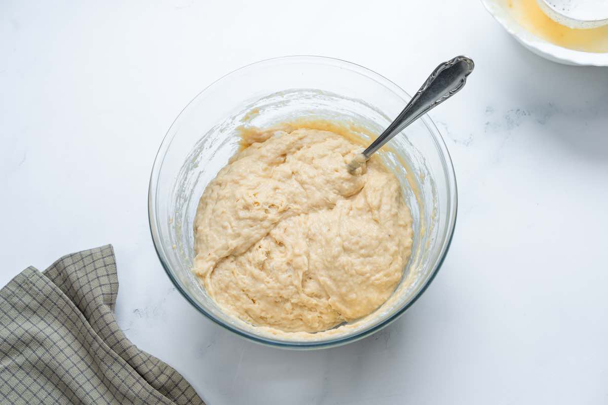 Greek yogurt banana bread batter in a bowl.