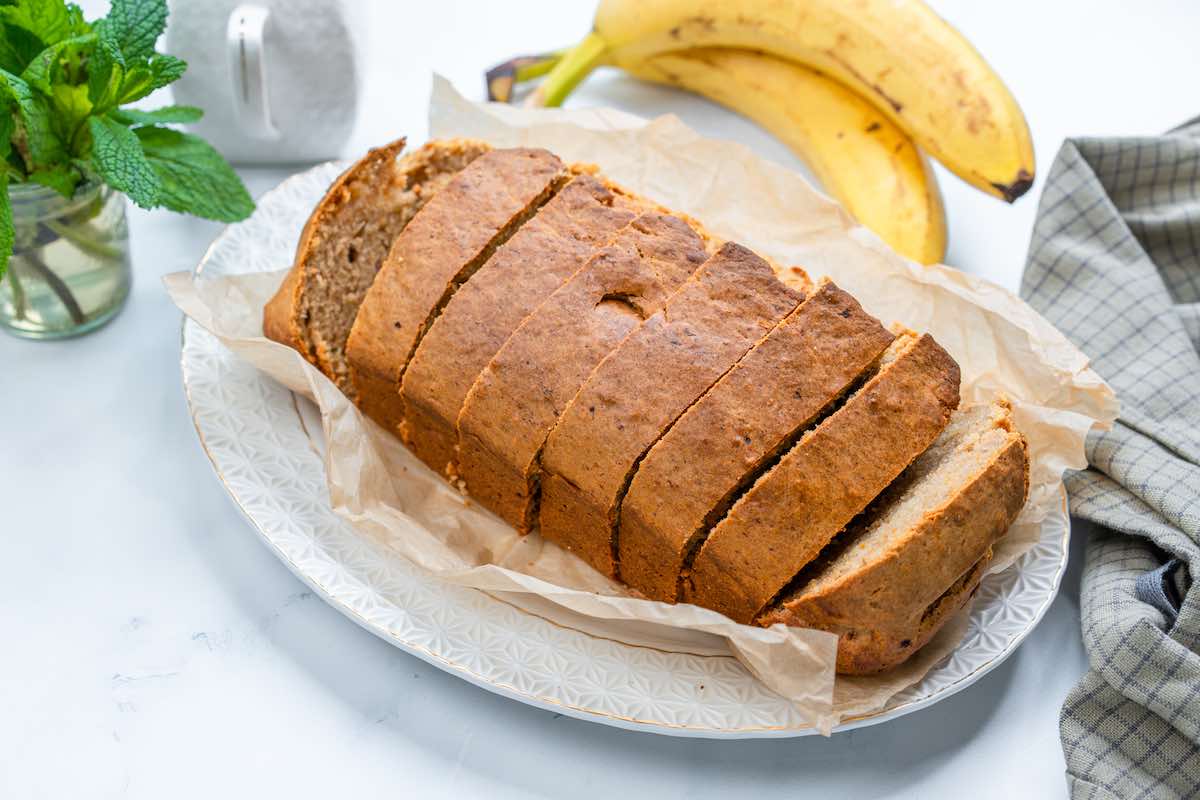 sliced banana bread with yogurt.