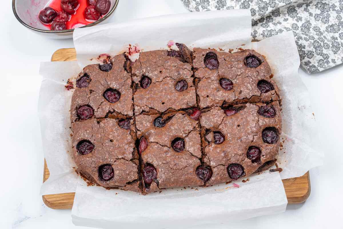 baked cherry brownies sliced.