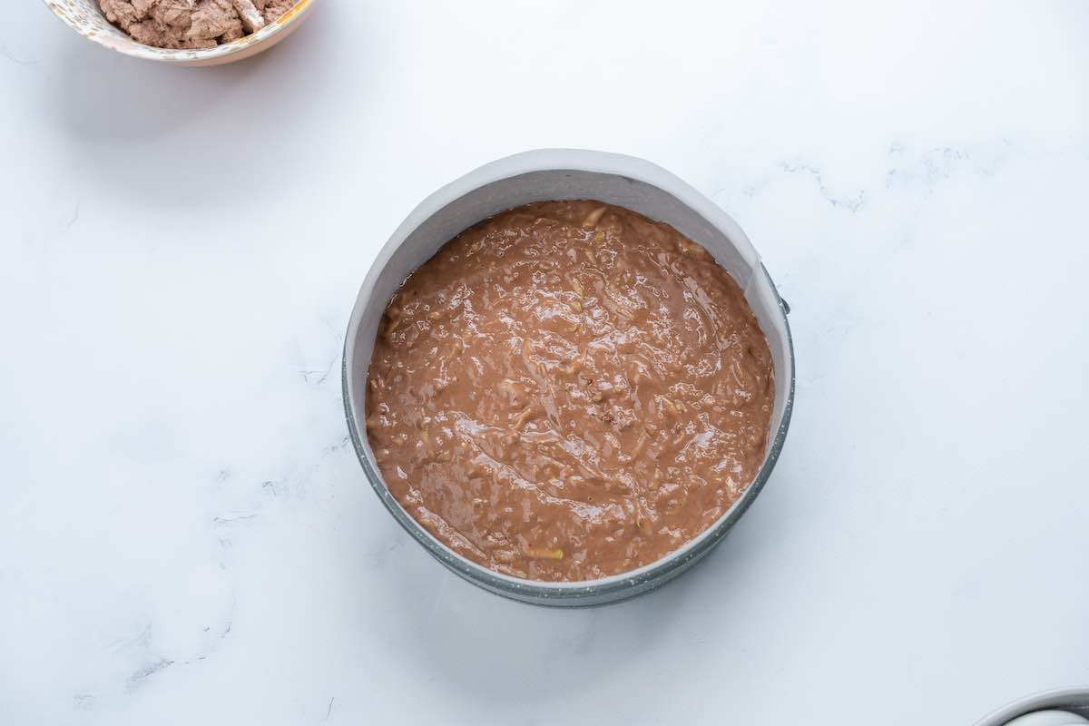 cake batter in a cake pan.