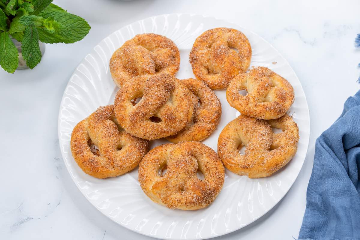 cinnamon sugar pretzels on a plate.