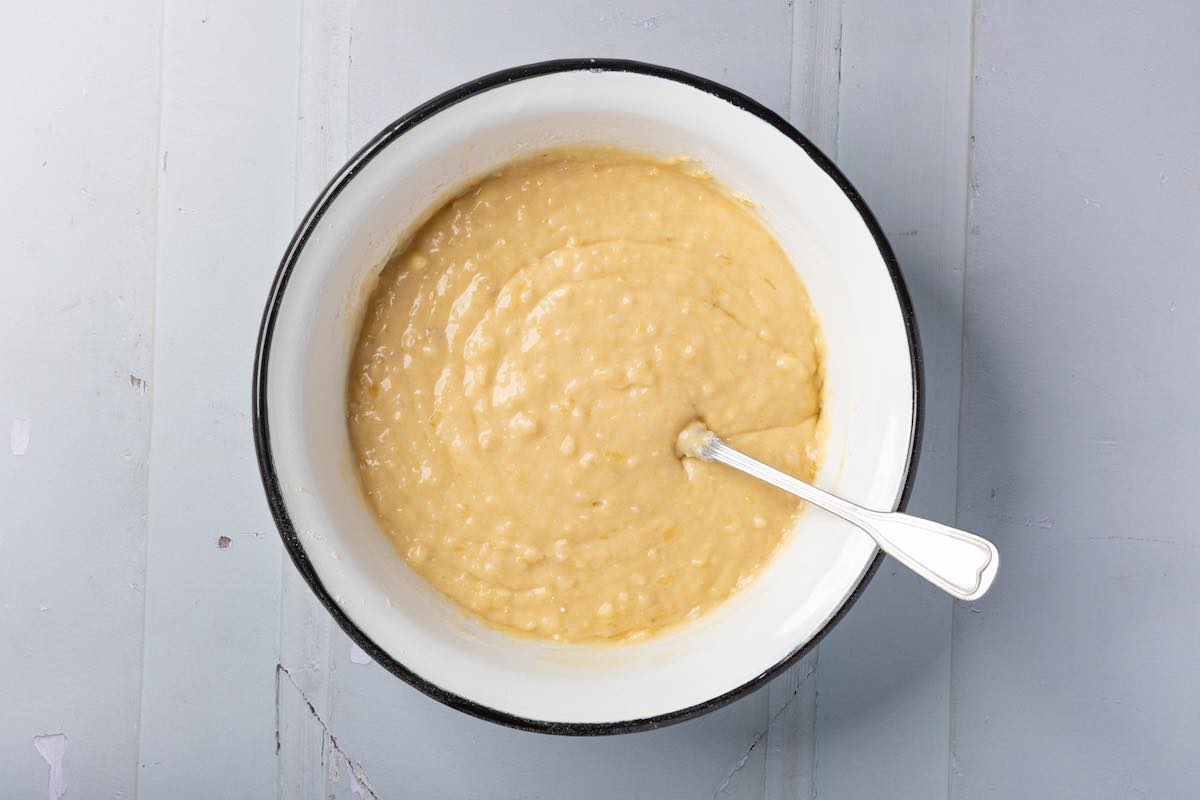 eggless banana bread batter in a bowl.