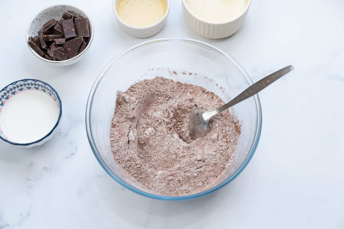 dry ingredients in a mixing bowl.