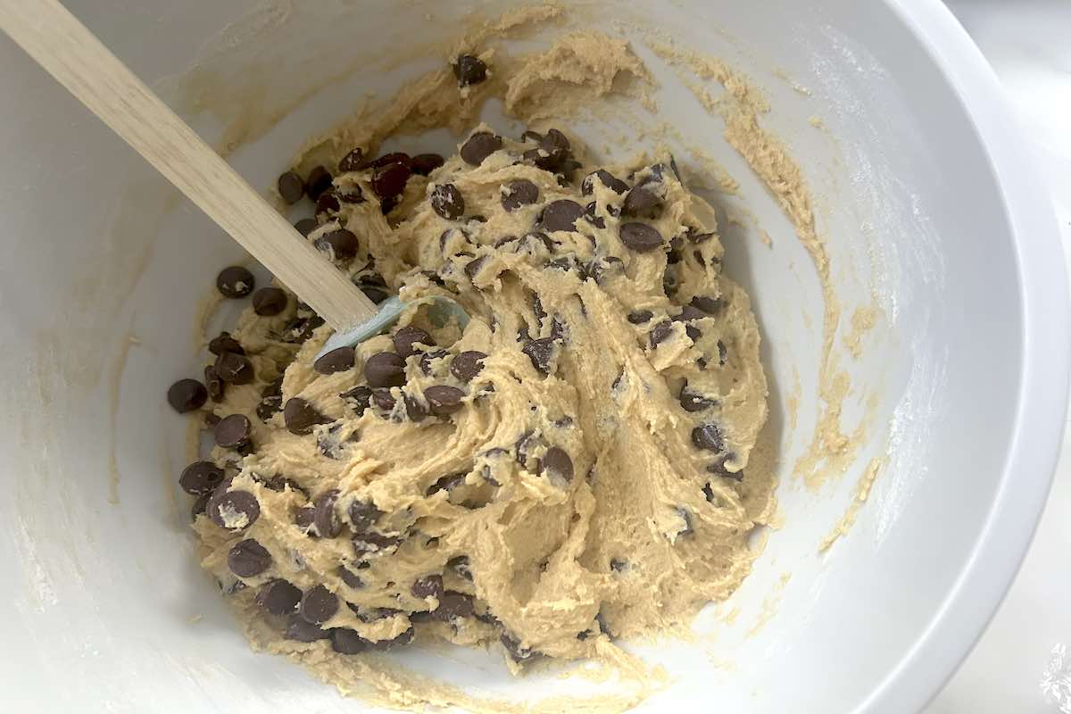 eggless cookie dough in a mixing bowl.