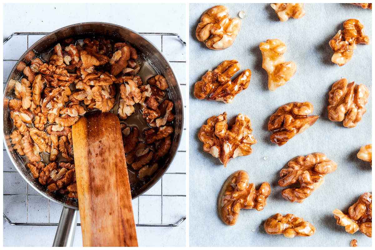 making candied walnuts in a saucepan.