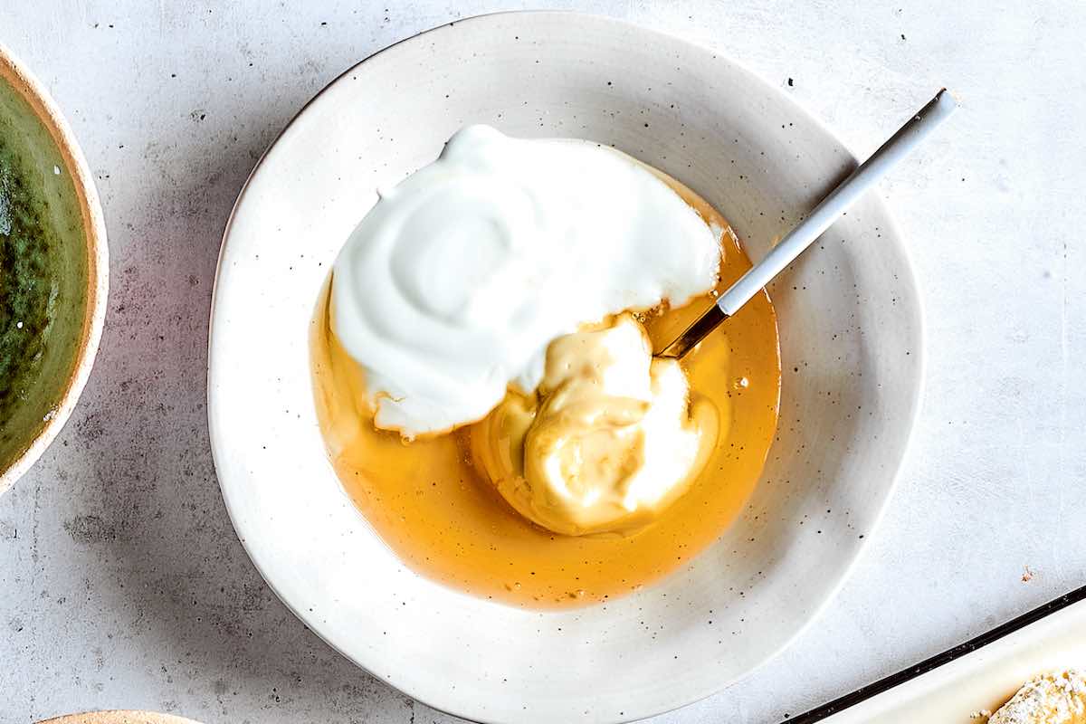 mayonnaise, honey, and mustard in a bowl.