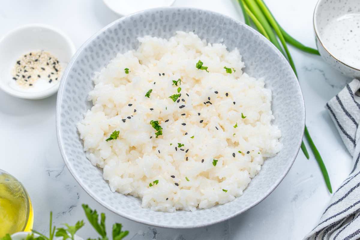 seasoned sushi rice in a bowl.