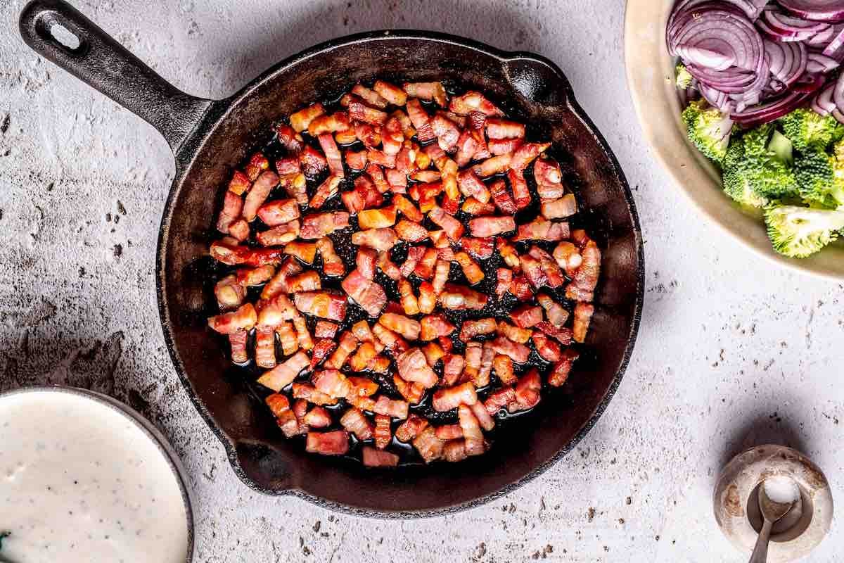 bacon sizzling in a skillet.