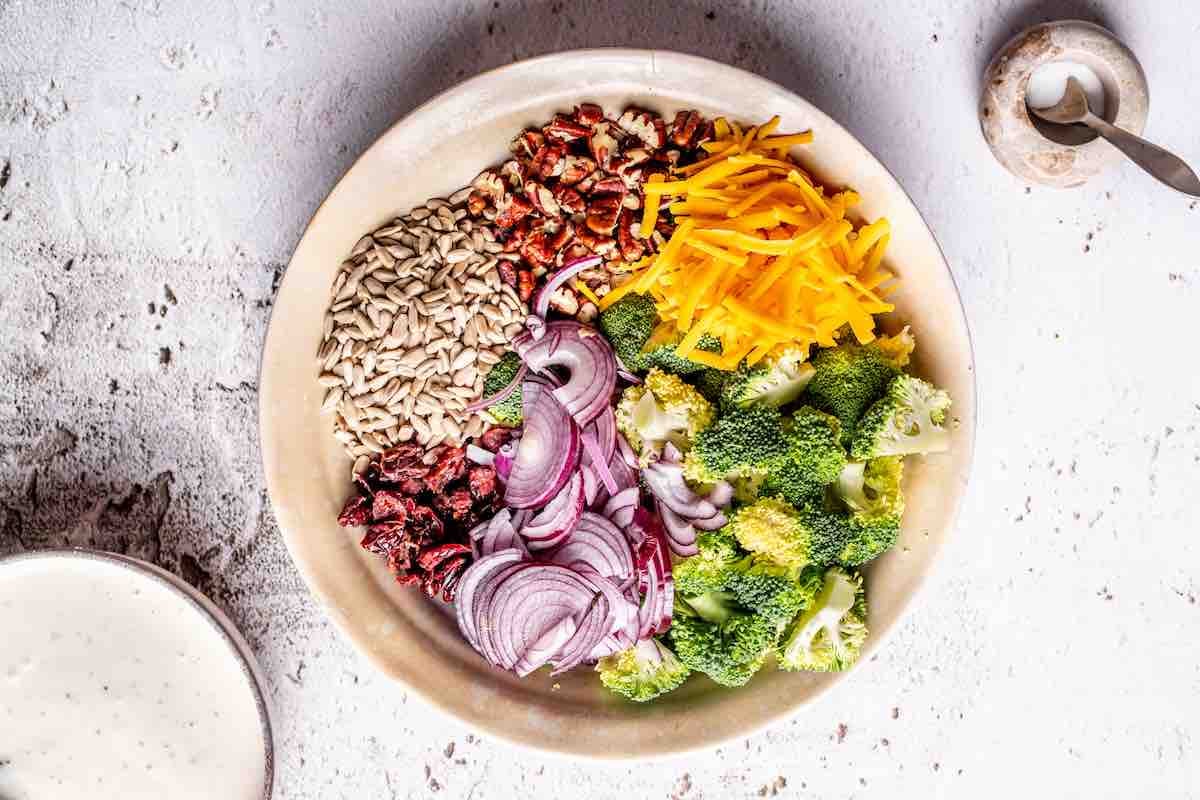 onions, cranberries, cheese, pecans, and sunflower seeds in a bowl, along with broccoli.