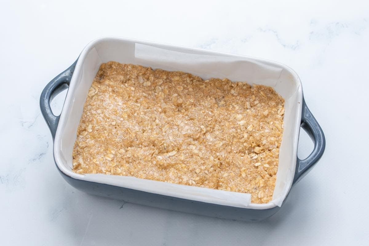 oatmeal bar mixture in a pan.
