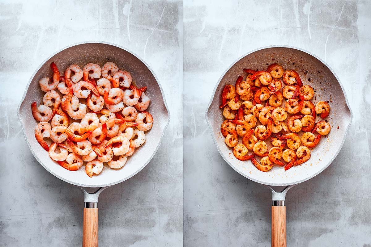 sautéing raw shrimp in a skillet.