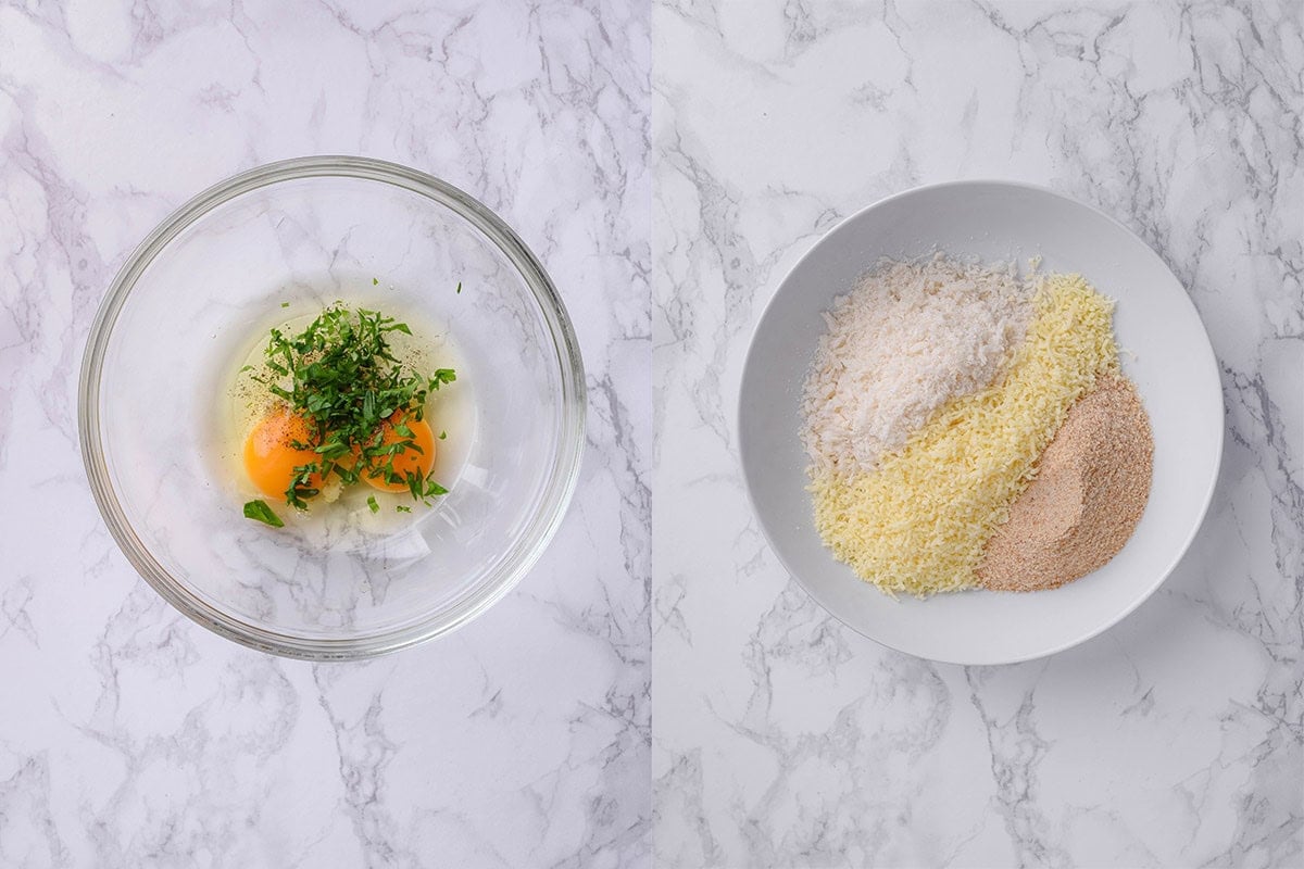 eggs and parsley in a bowl and bread crumbs, panko, and parmesan in another bowl.