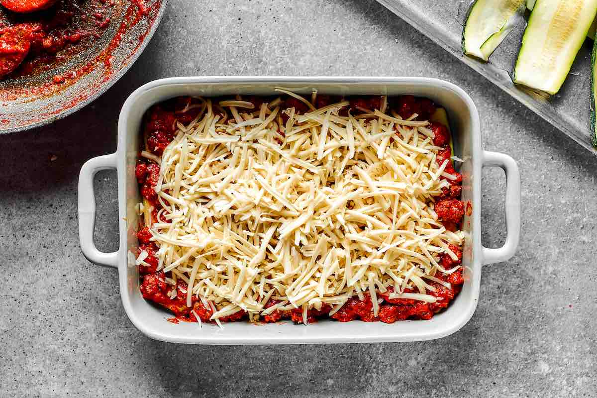 assembled unbaked zucchini lasagna.