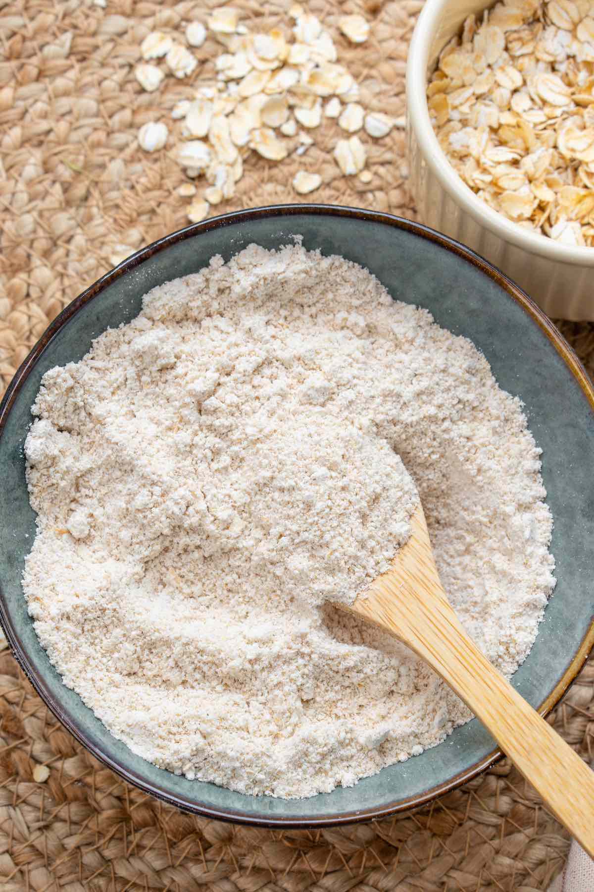 homemade oat flour in a bowl.