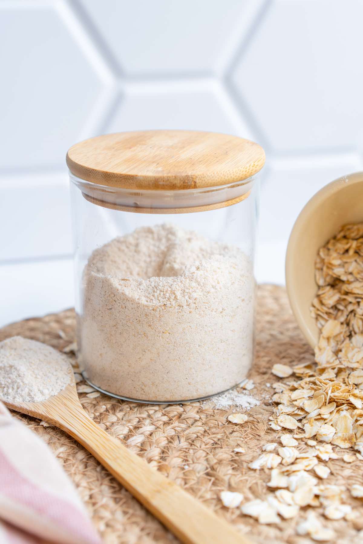 jar of homemade oat flour.
