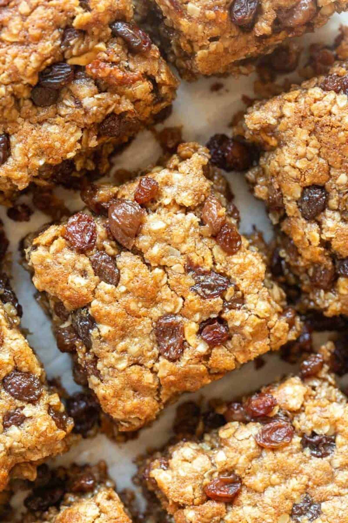sliced raisin bars on a tray.