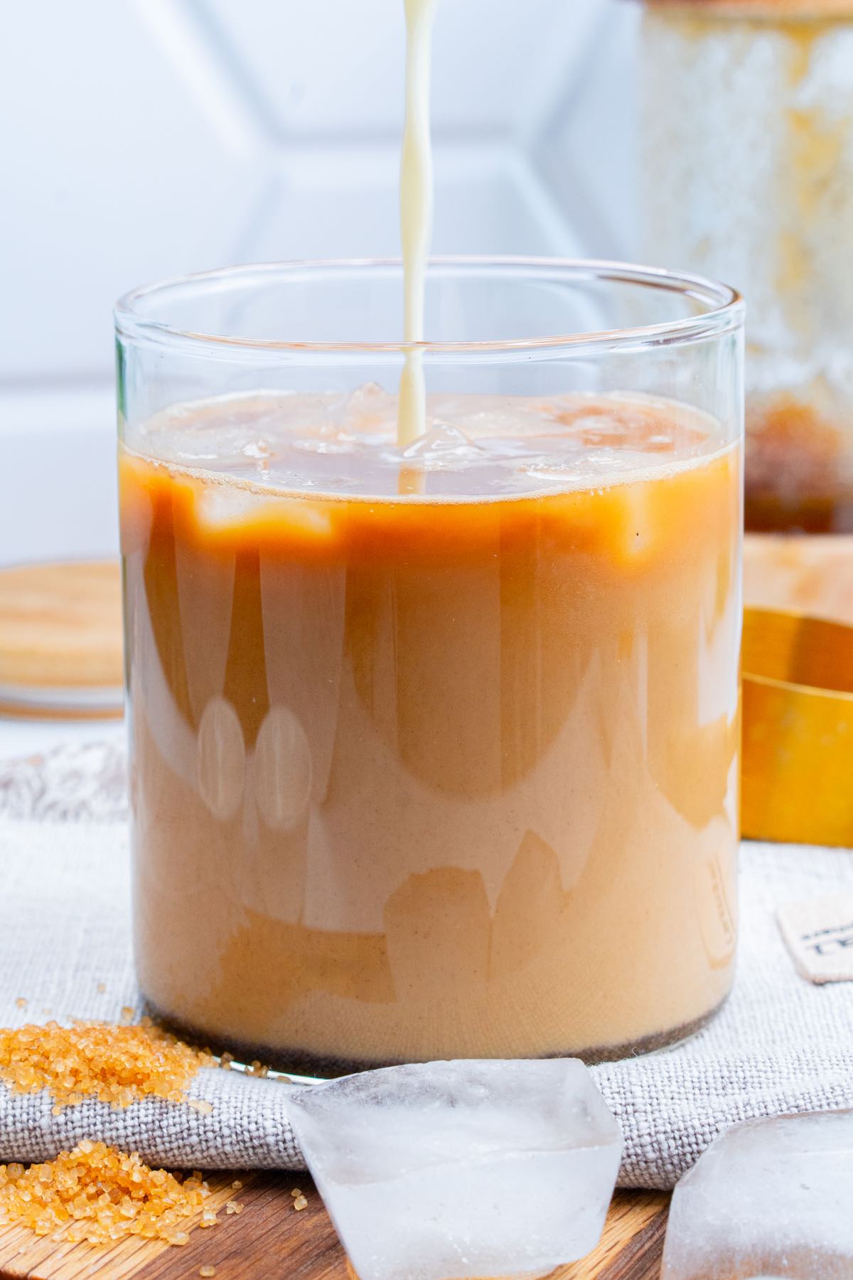 protein coffee in a glass with ice.
