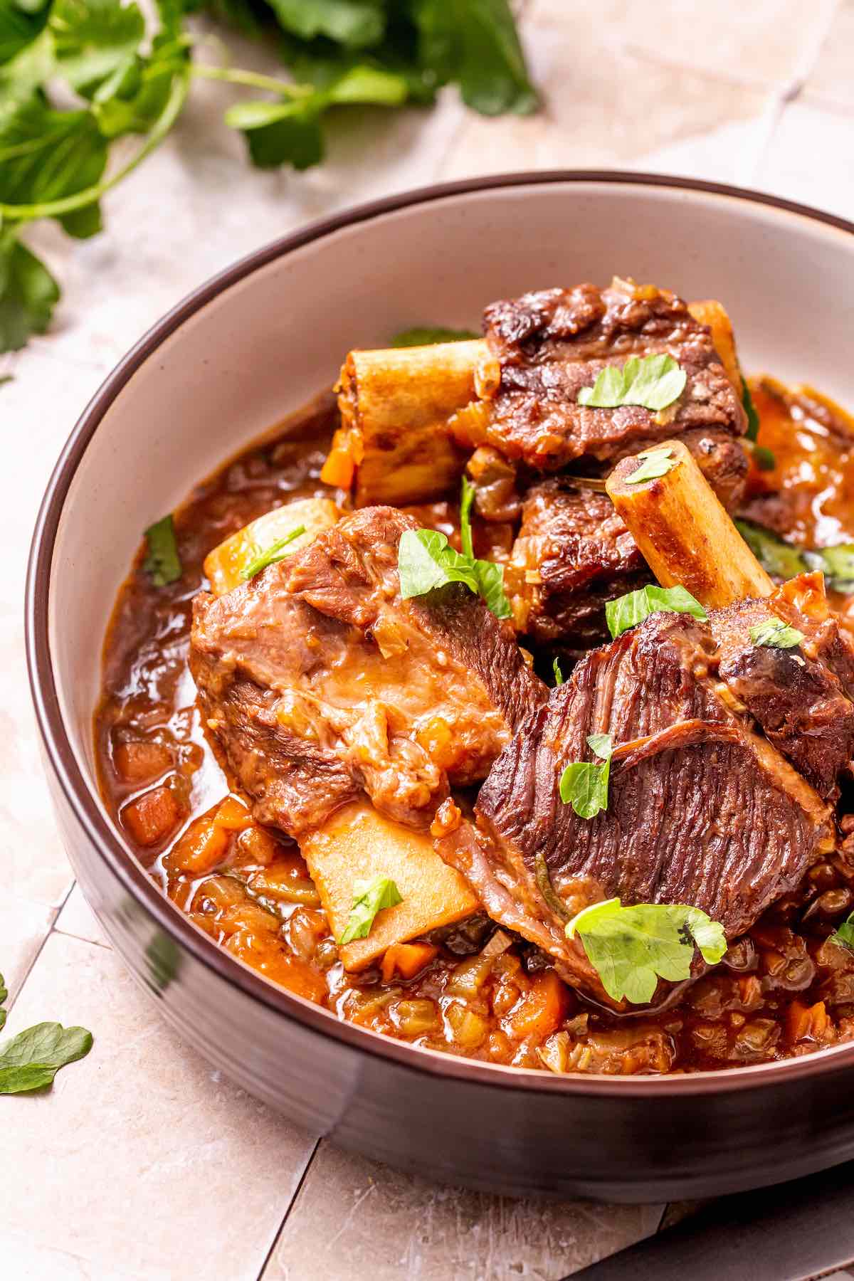 beef chuck short ribs in a bowl with braising liquid and fresh herbs.