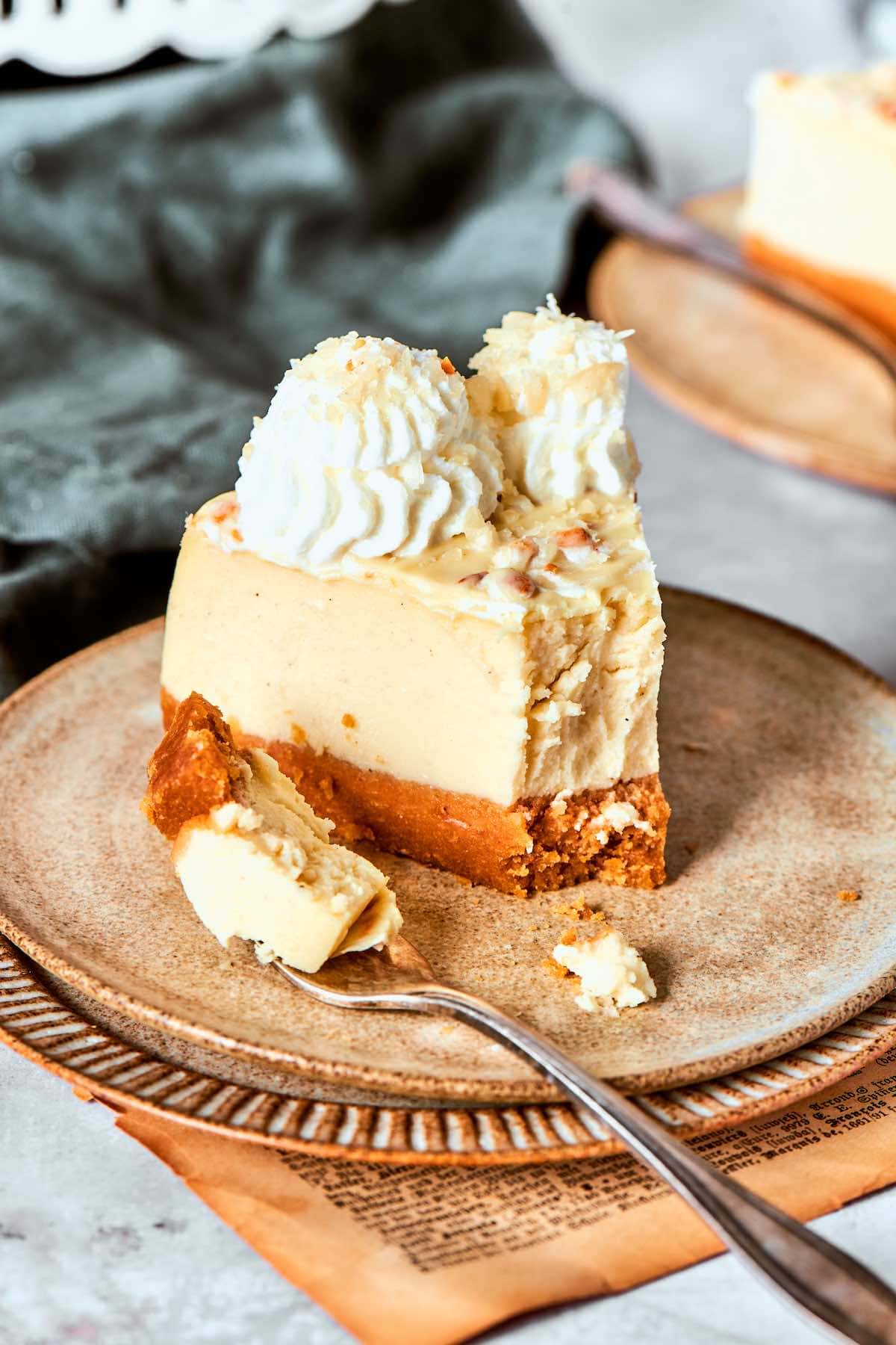 slice of cottage cheese cheesecake with whipped cream on top.