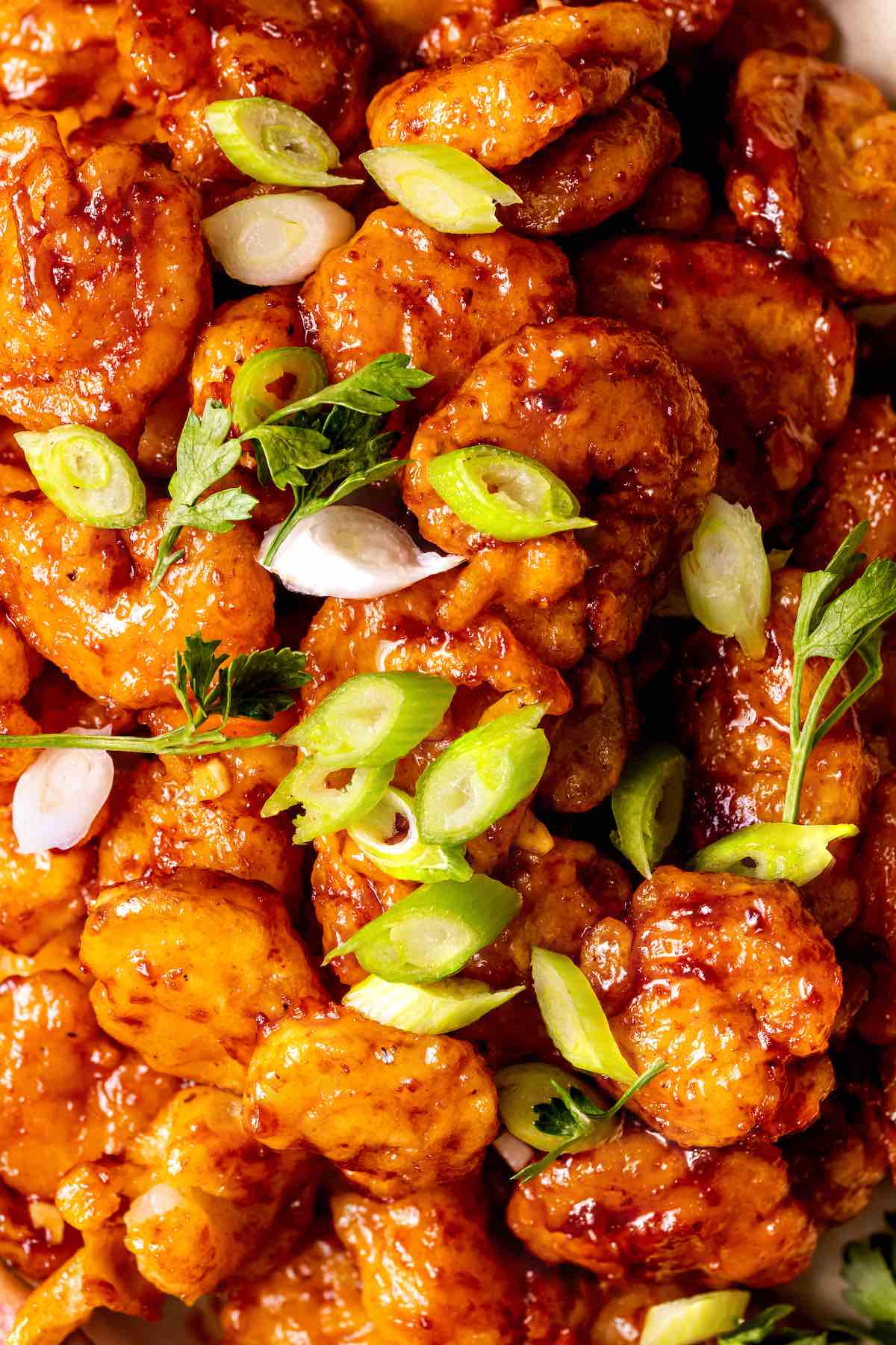homemade firecracker shrimp with sliced green onions on top.