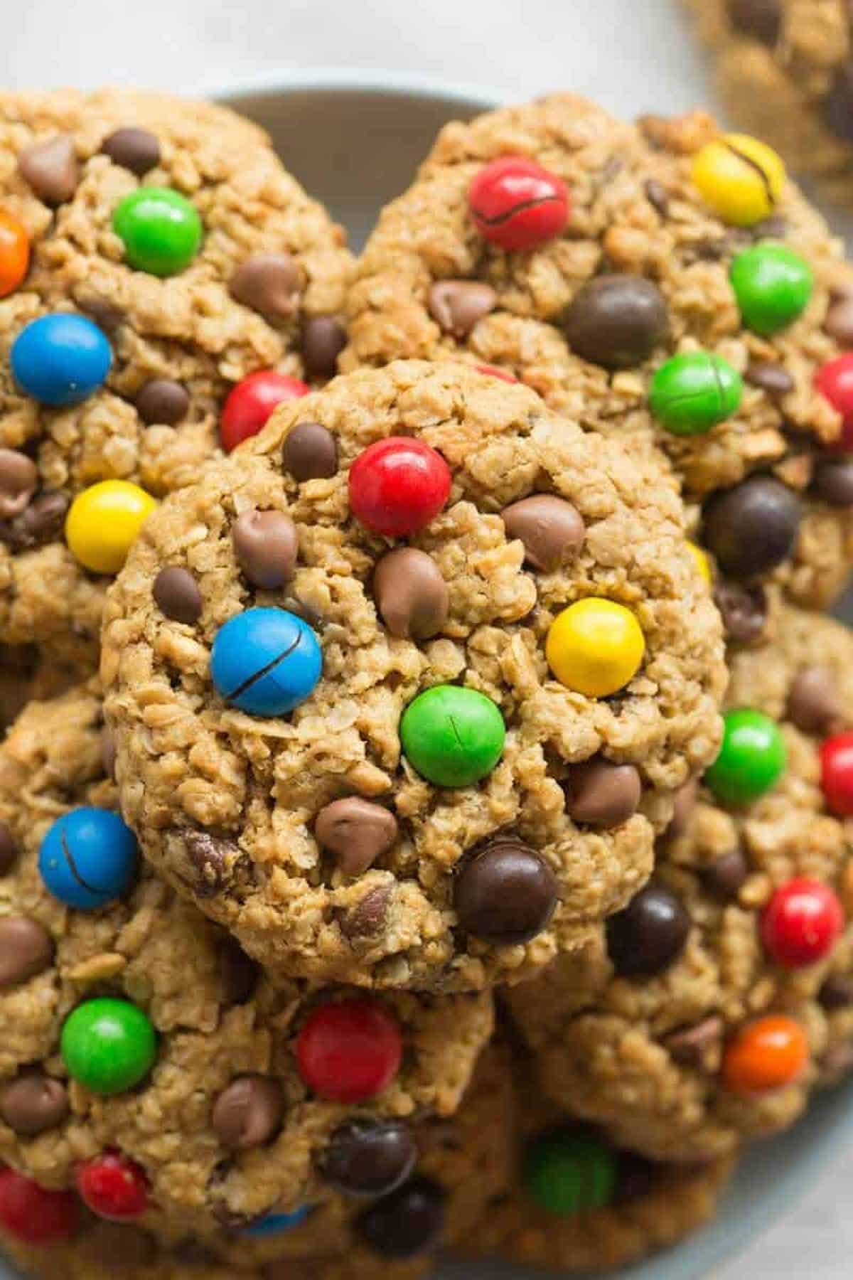 healthy monster cookies on a plate.