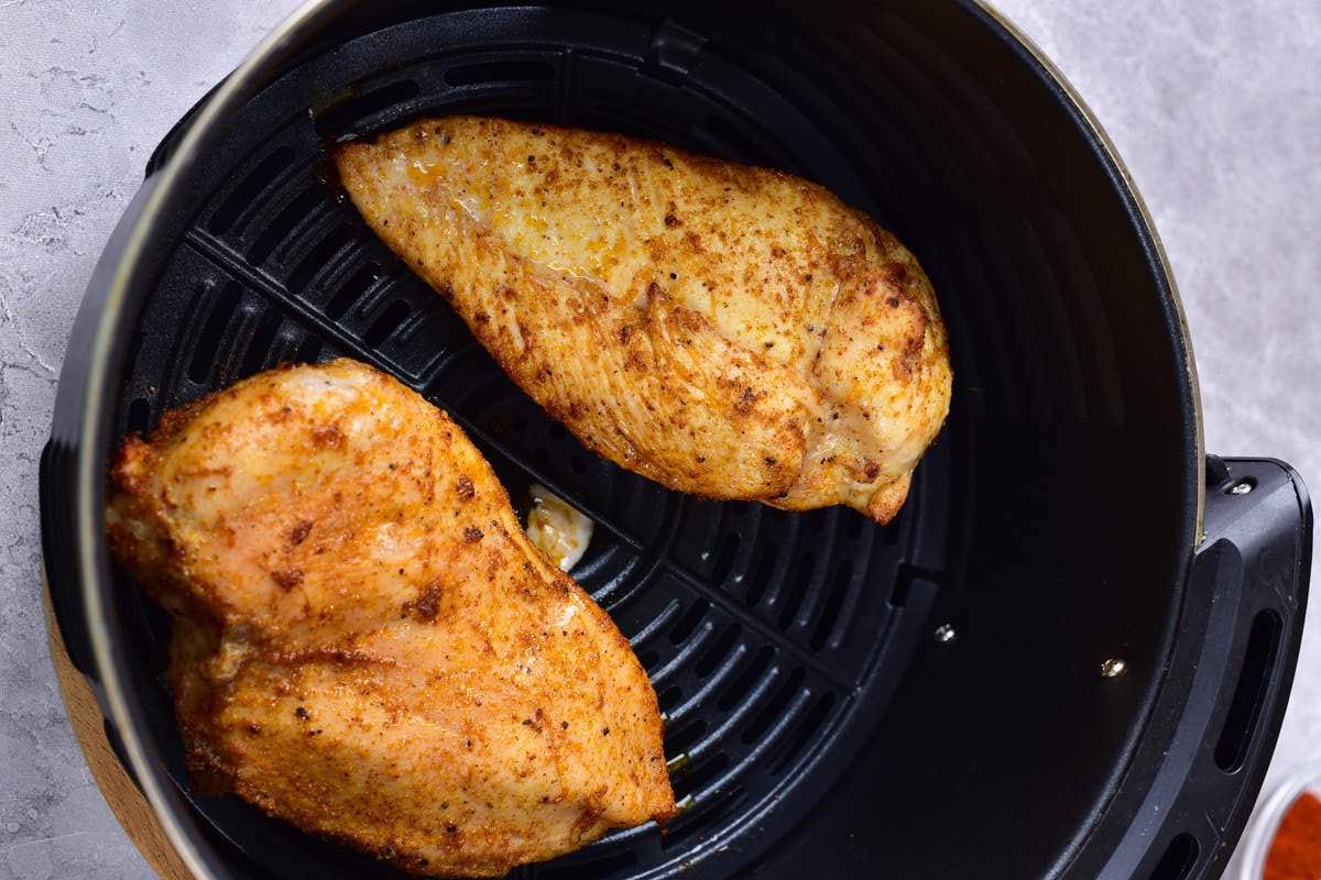 air fried chicken breasts in the air fryer.