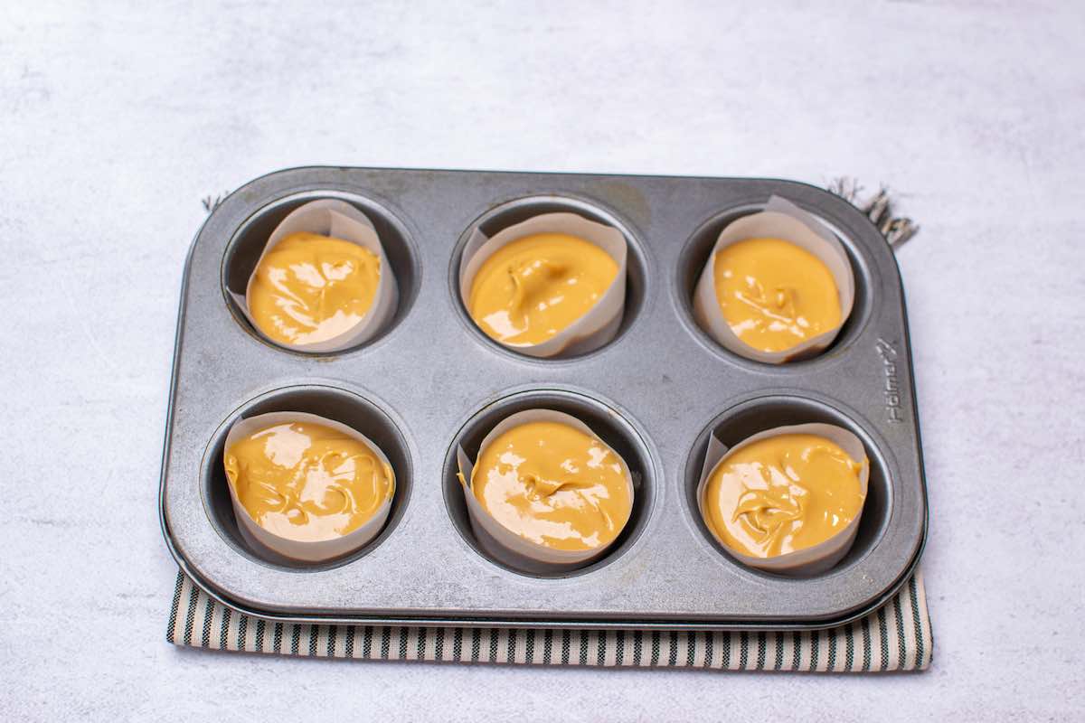 almond butter mixture in a 6-count muffin tin.