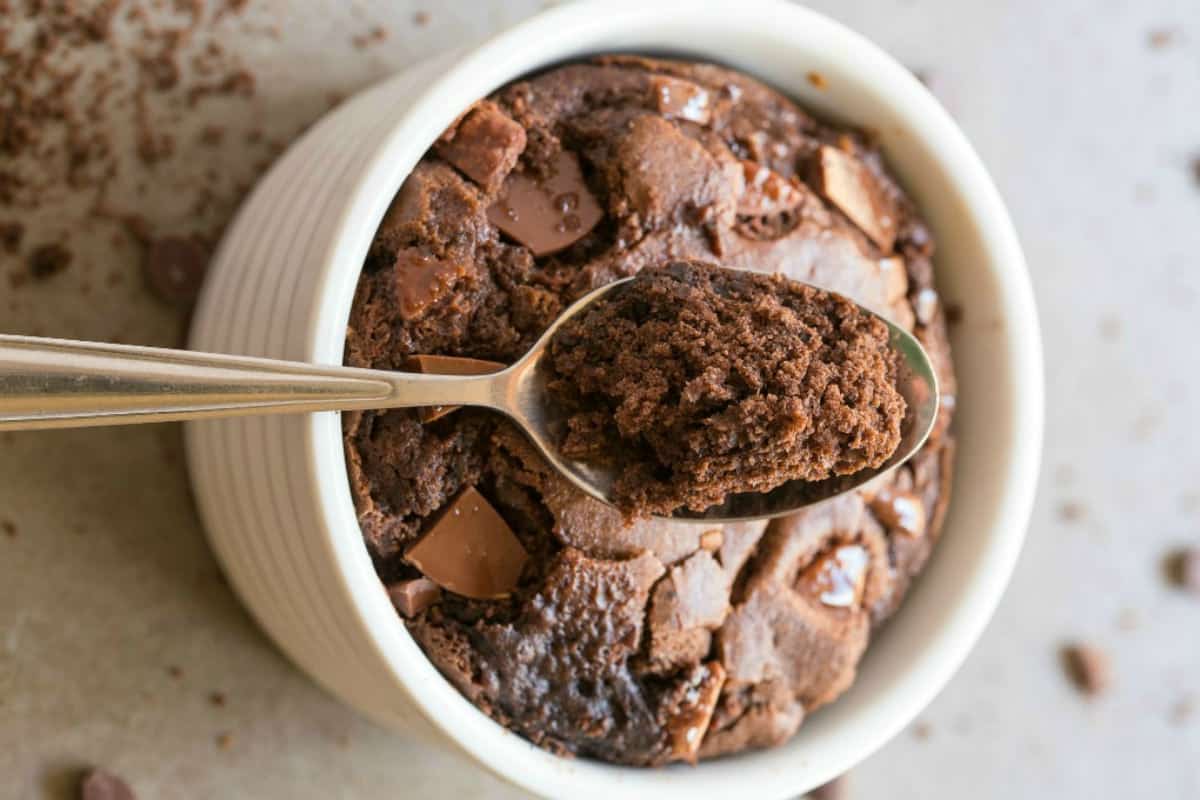 baked brownie in a mug.