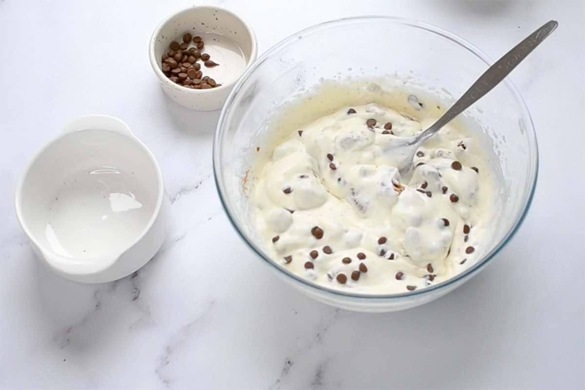 cookie dough ice cream mixture in a bowl.