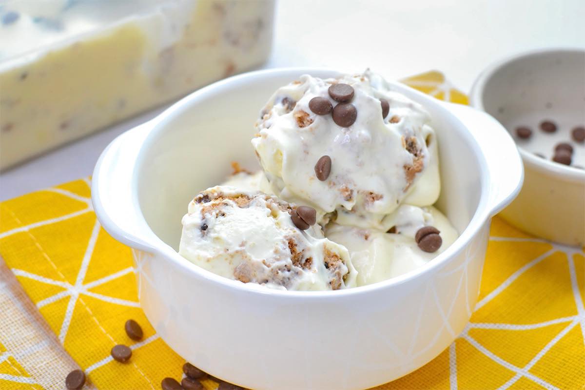 scoops of cookie dough ice cream in a bowl.