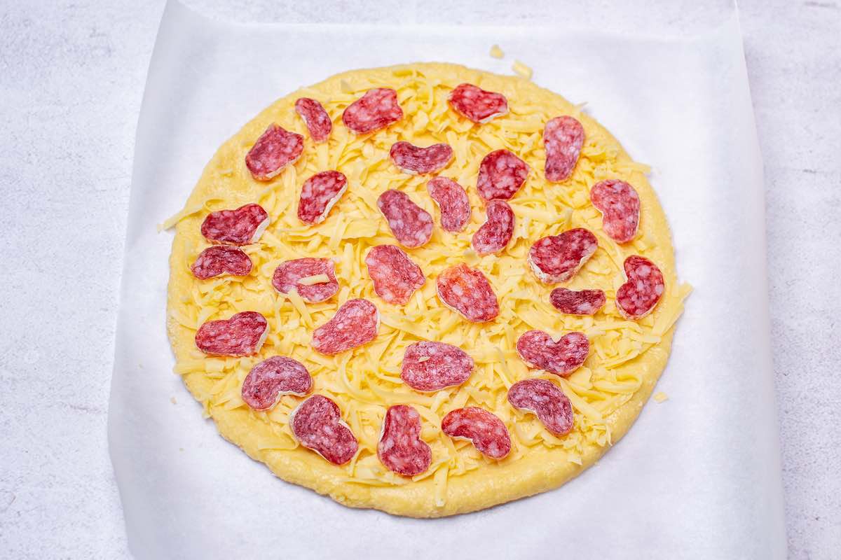 assembled fathead pizza.