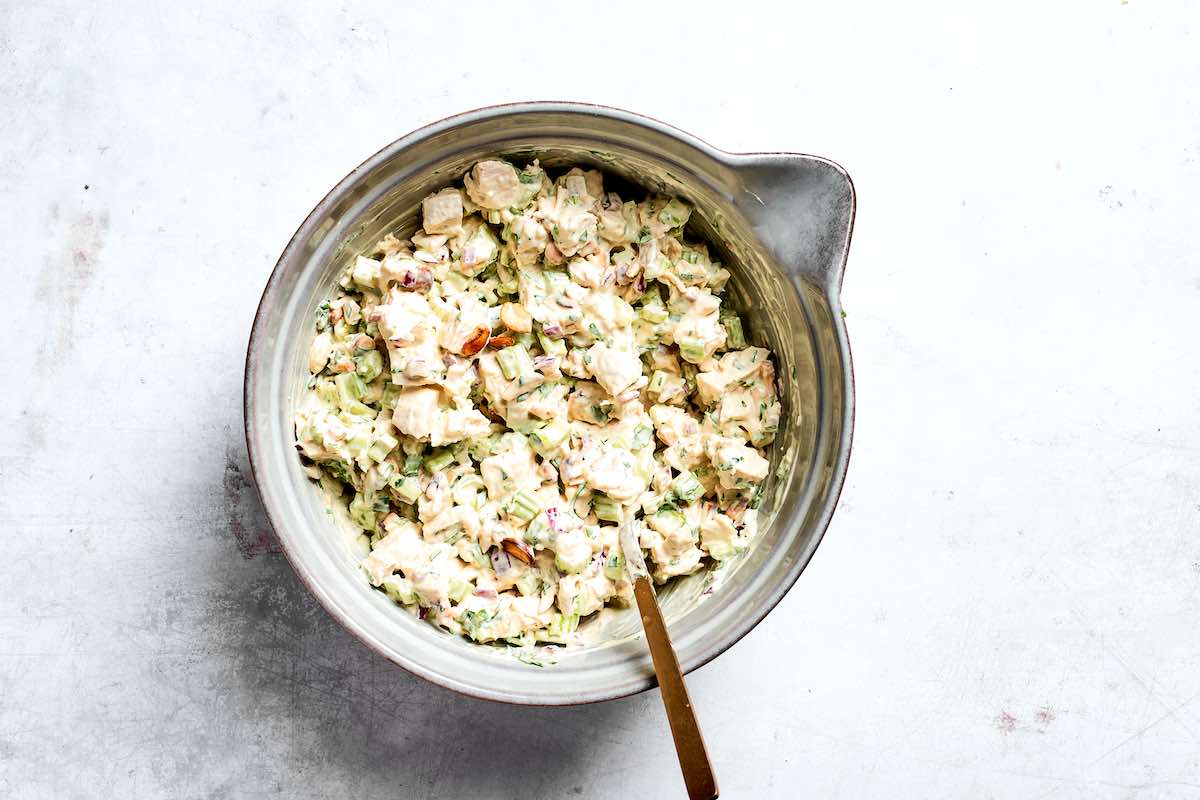 mixed chicken salad in a bowl.