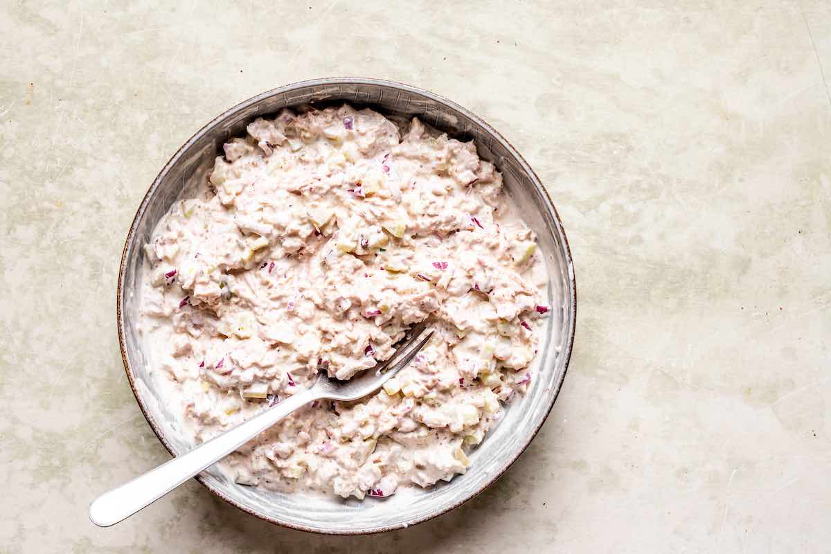 tuna salad mixture in a small bowl.