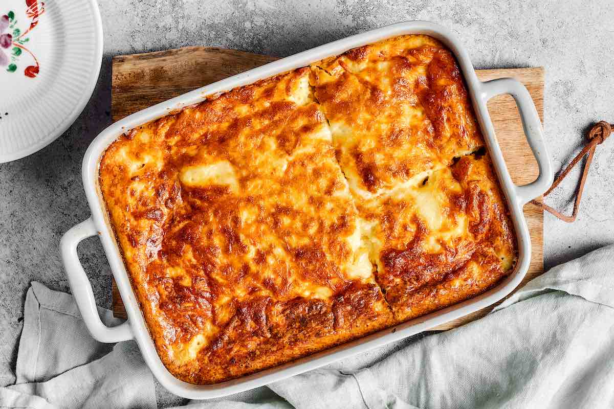 baked keto breakfast casserole in a baking dish.